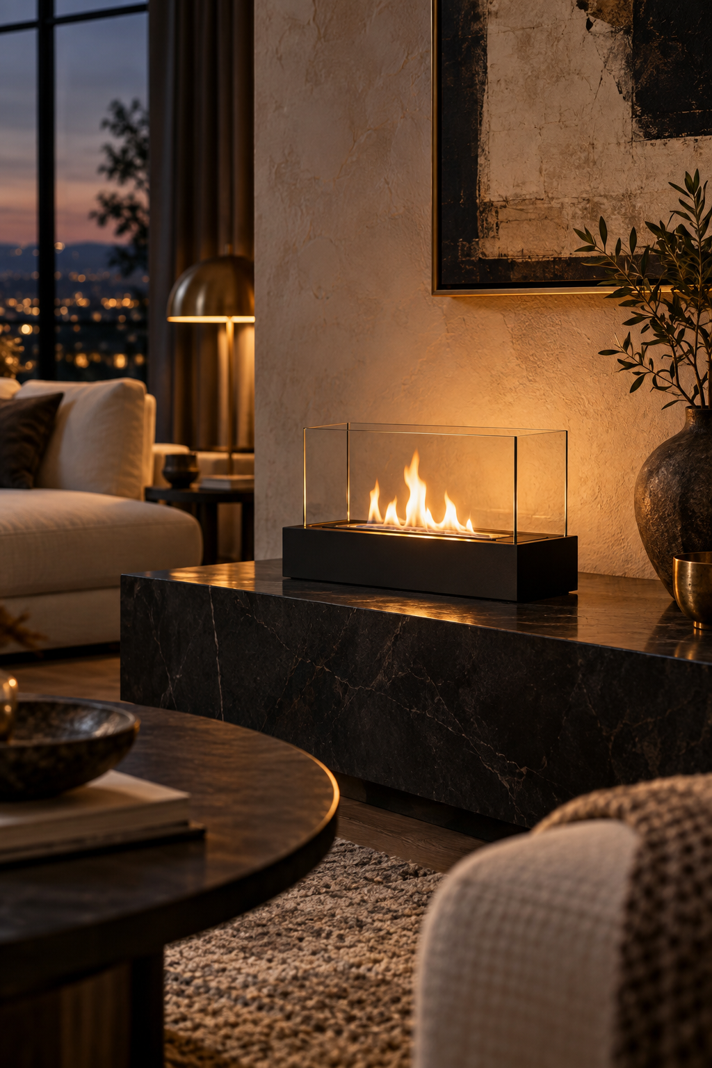 Editorial tabletop fireplace in a warmly lit living room