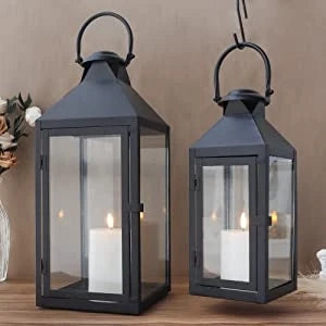 Set of 2 -17.5"&13.5"High Metal Candle Lanterns(Black)-4
