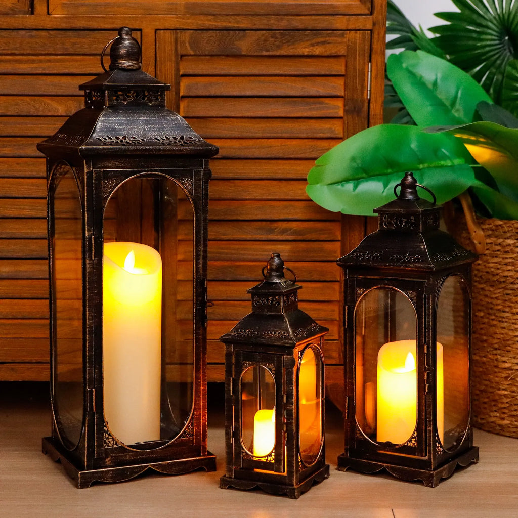 Set of 3 Vintage Candle Lanterns 10/14/19.5''H Decorative Outdoor Lantern-2