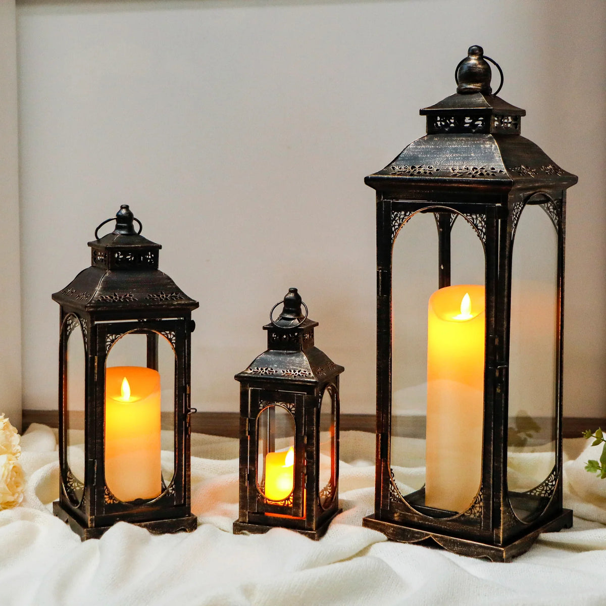 Set of 3 Vintage Candle Lanterns 10/14/19.5''H Decorative Outdoor Lantern-4