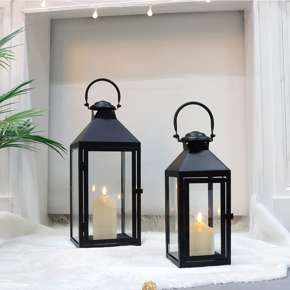 Set of 2 -17.5"&13.5"High Metal Candle Lanterns(Black)-0