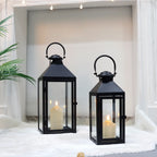 Set of 2 -17.5"&13.5"High Metal Candle Lanterns(Black)-0