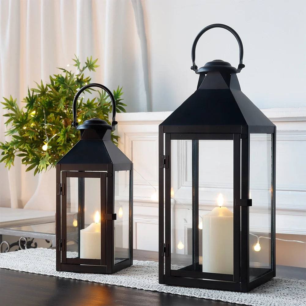 Set of 2 -17.5"&13.5"High Metal Candle Lanterns(Black)-1