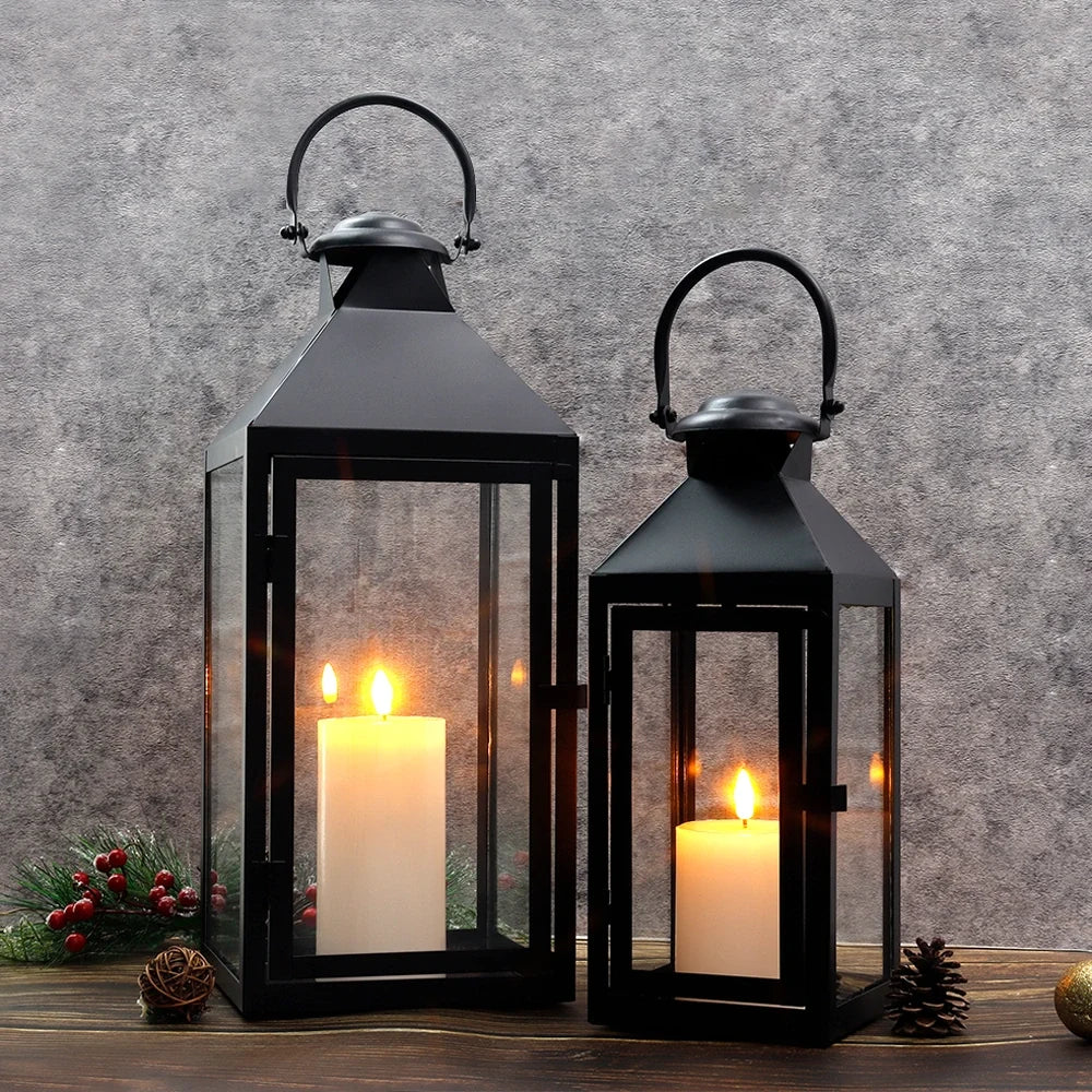 Set of 2 -17.5"&13.5"High Metal Candle Lanterns(Black)-2