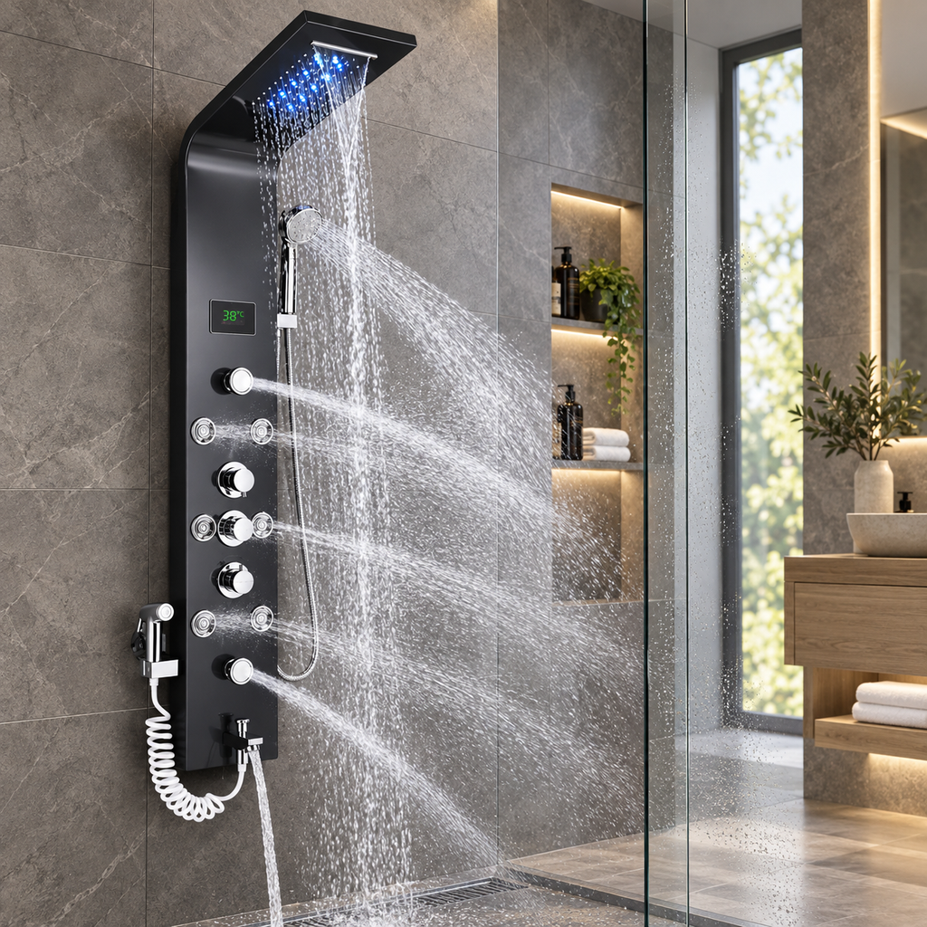Luxury Black Brushed Bathroom Shower Faucet LED System