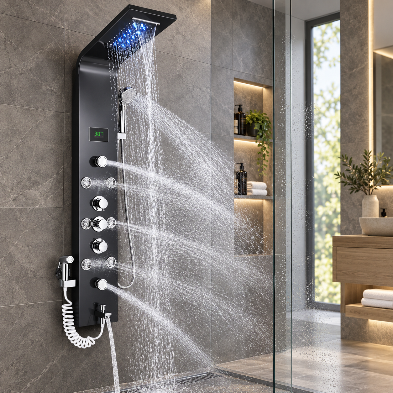 Luxury Black Brushed Bathroom Shower Faucet LED System