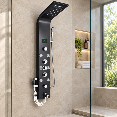Luxury Black Brushed Bathroom Shower Faucet LED System