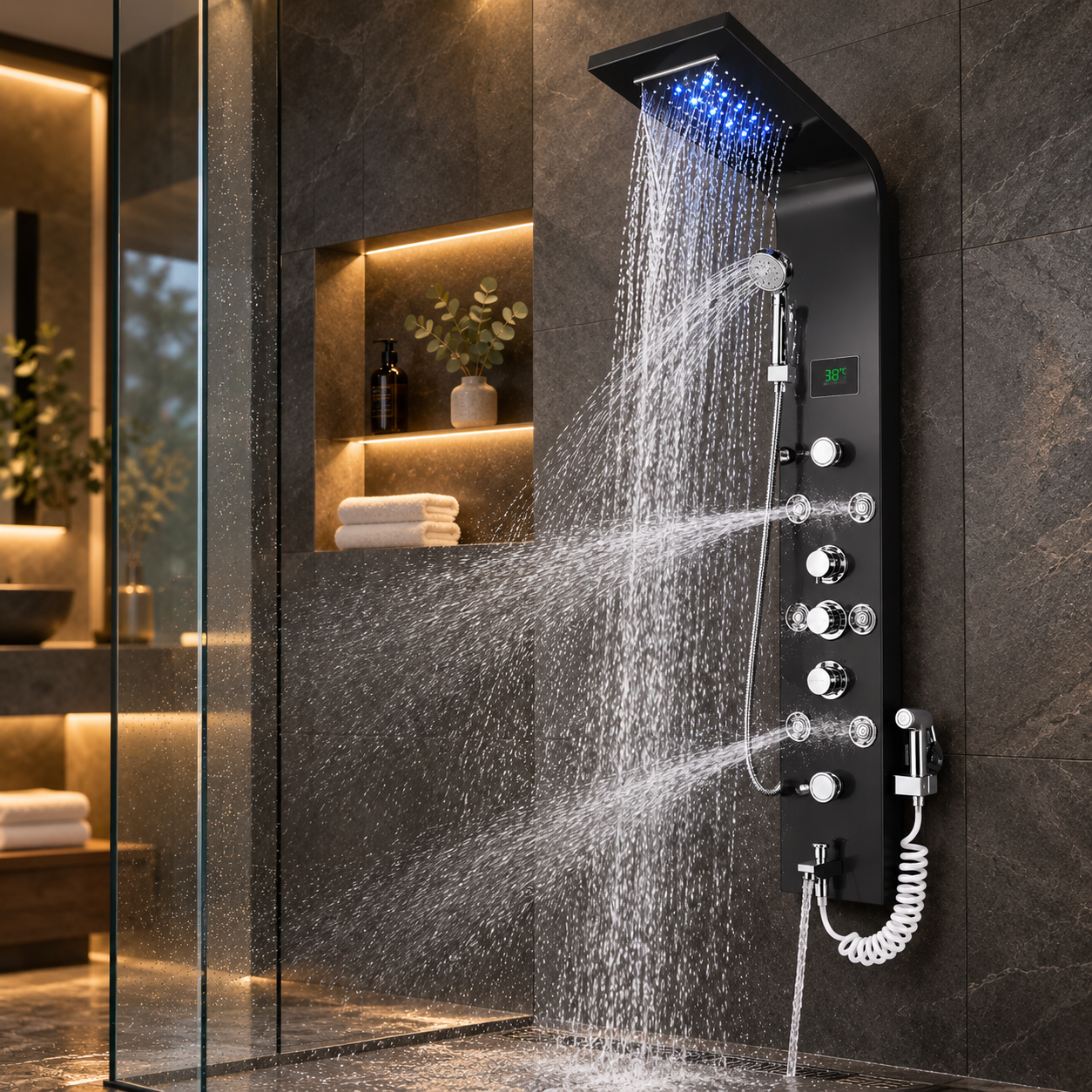 Luxury Black Brushed Bathroom Shower Faucet LED System
