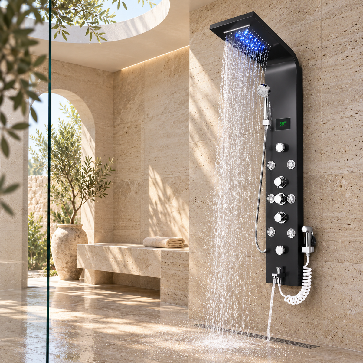 Luxury Black Brushed Bathroom Shower Faucet LED System