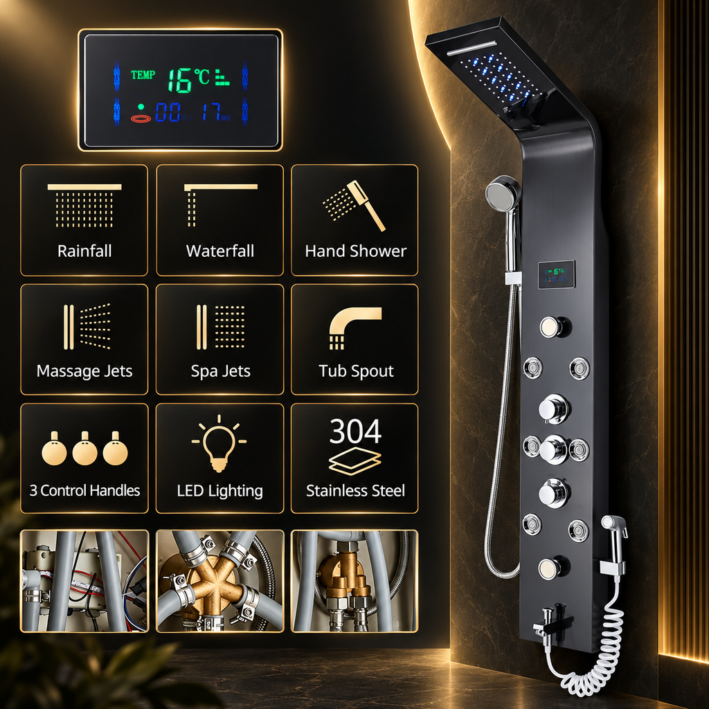 Luxury Black Brushed Bathroom Shower Faucet LED System