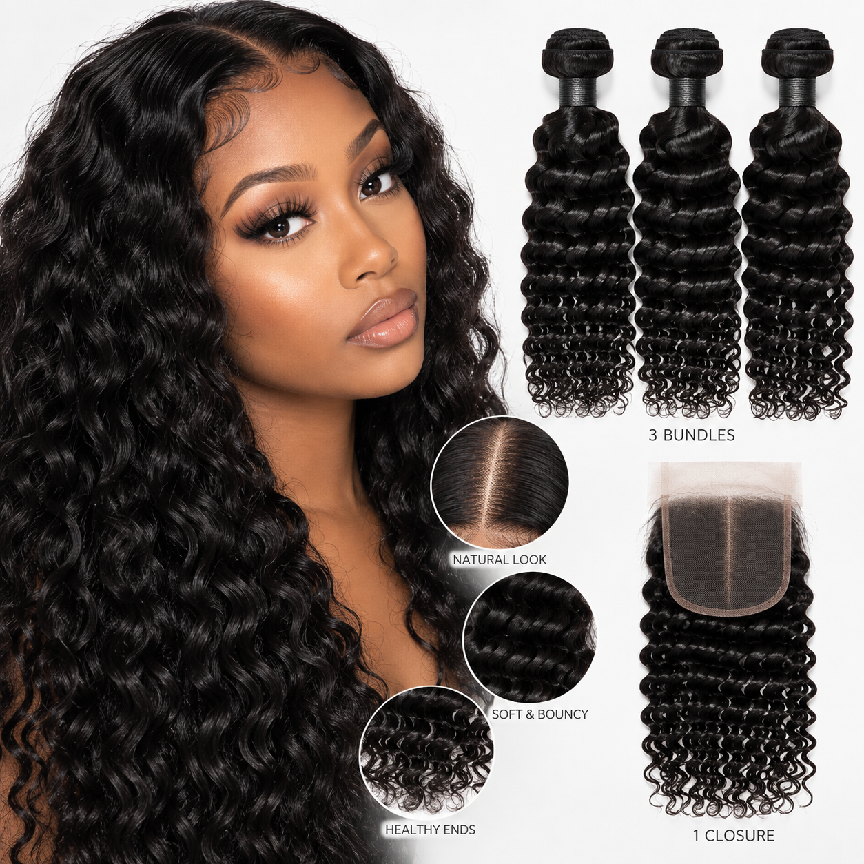 Deep Wave Human Hair Bundles and Closure