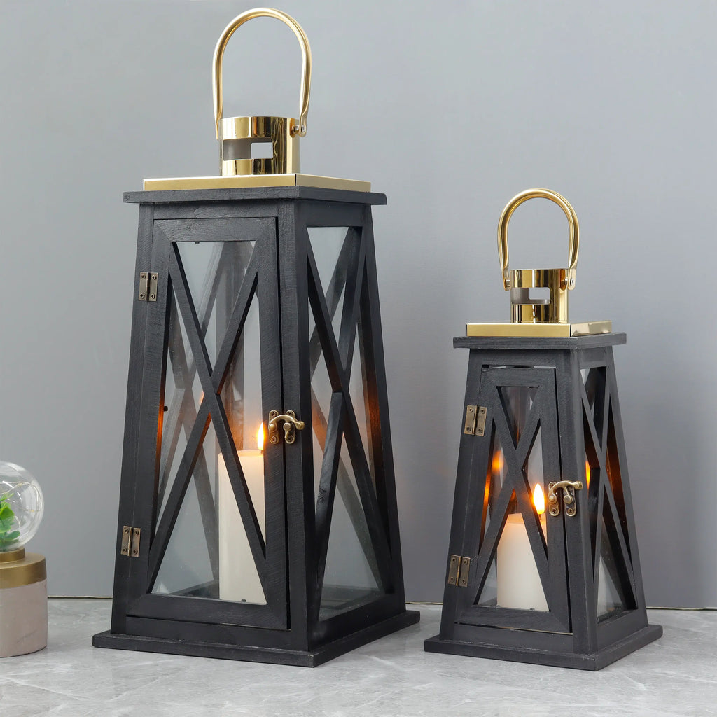 Set of 2-12''&18''H Farmhouse Wooden Lantern(Black Trapezoid)-0