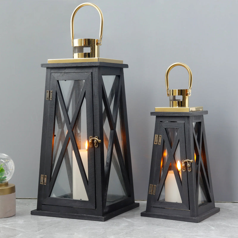 Set of 2-12''&18''H Farmhouse Wooden Lantern(Black Trapezoid)-0