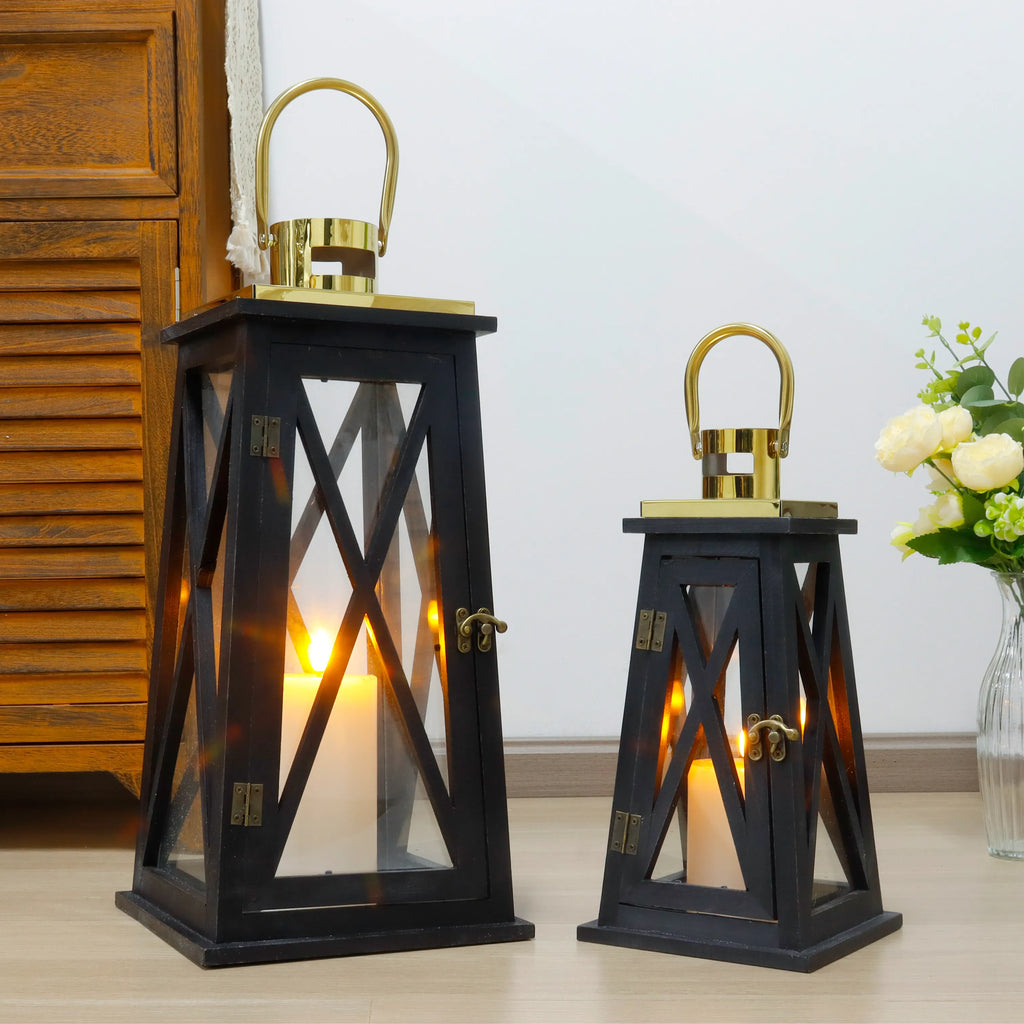 Set of 2-12''&18''H Farmhouse Wooden Lantern(Black Trapezoid)-1