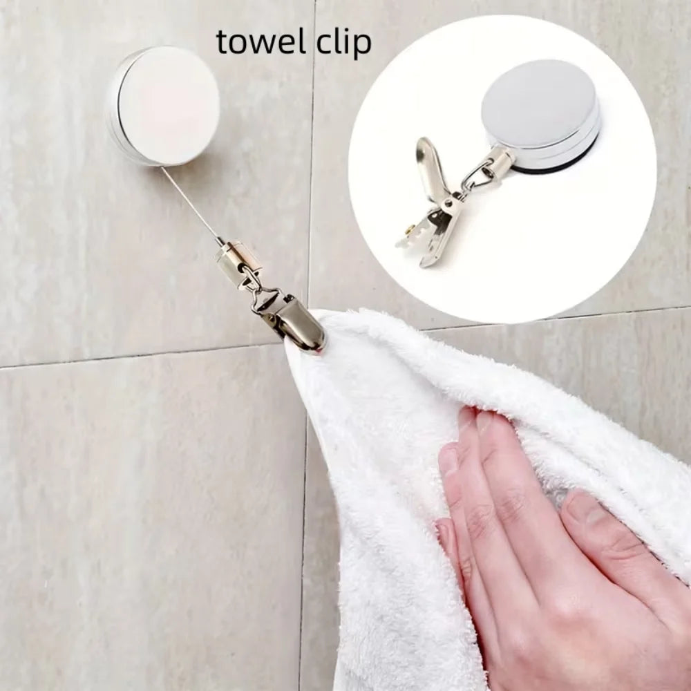 Automatic Retractable Towel Rack, No Punching Self-Adhesive Wall Hanging Towel Holder, Automatic Rebound with Strong Clip