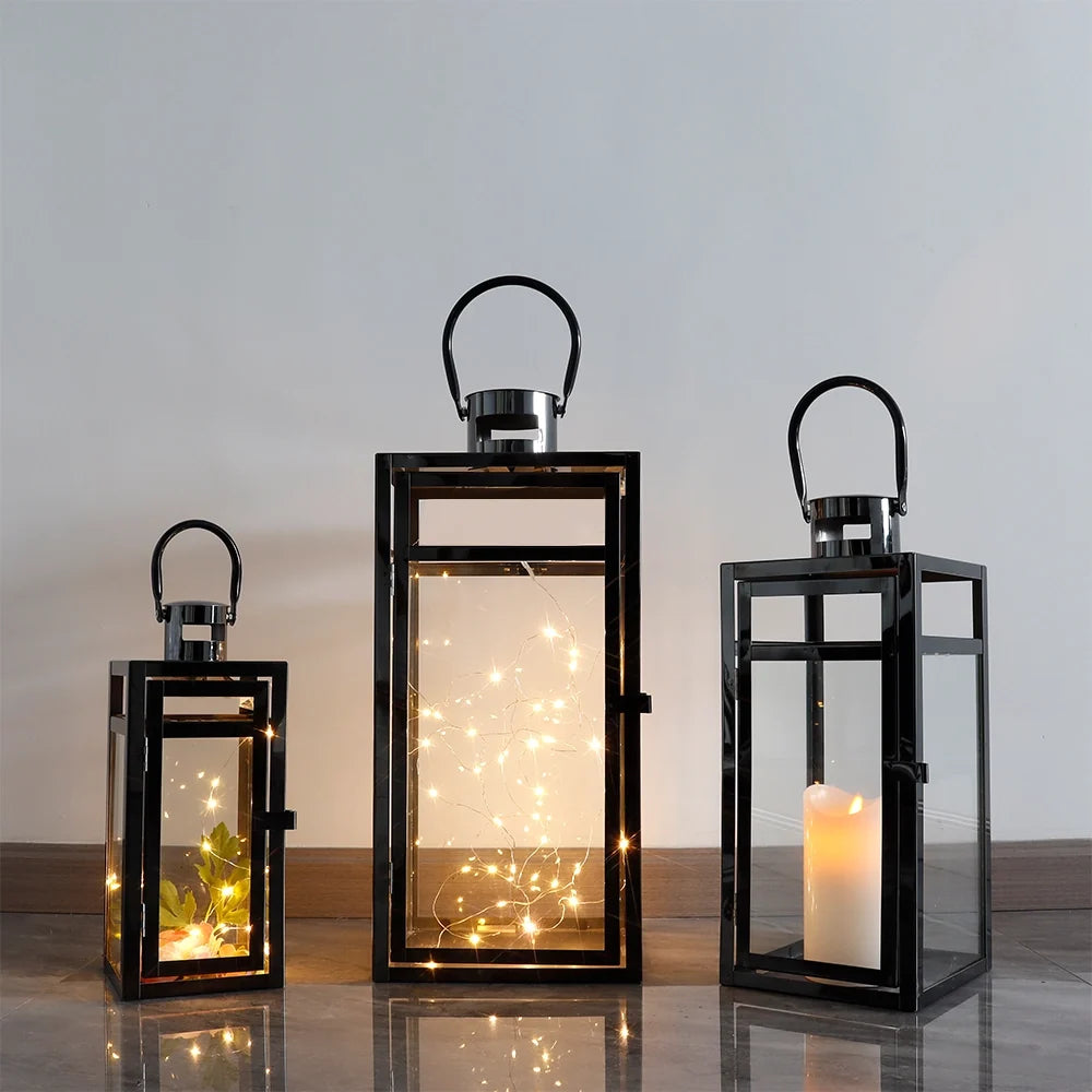  Set of 3 Stainless Steel Lantern (12/15/19'') -Black-2