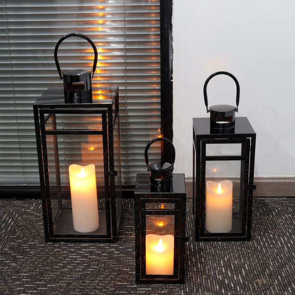  Set of 3 Stainless Steel Lantern (12/15/19'') -Black-3