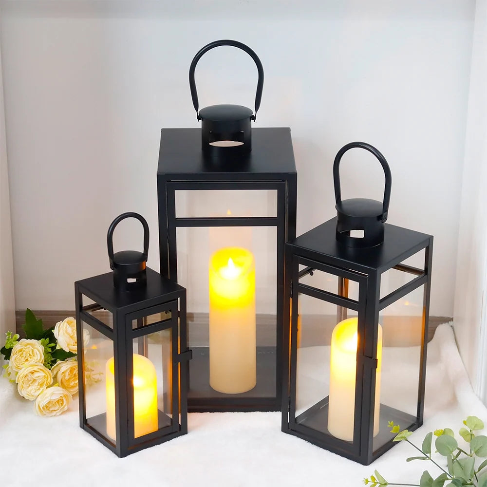  Set of 3 Stainless Steel Lantern (12/15/19'') -Black-0