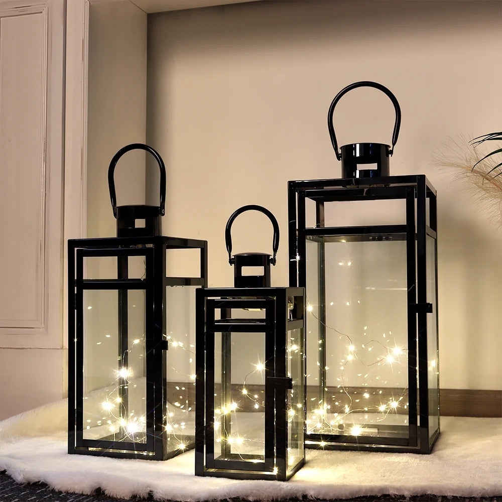  Set of 3 Stainless Steel Lantern (12/15/19'') -Black-1