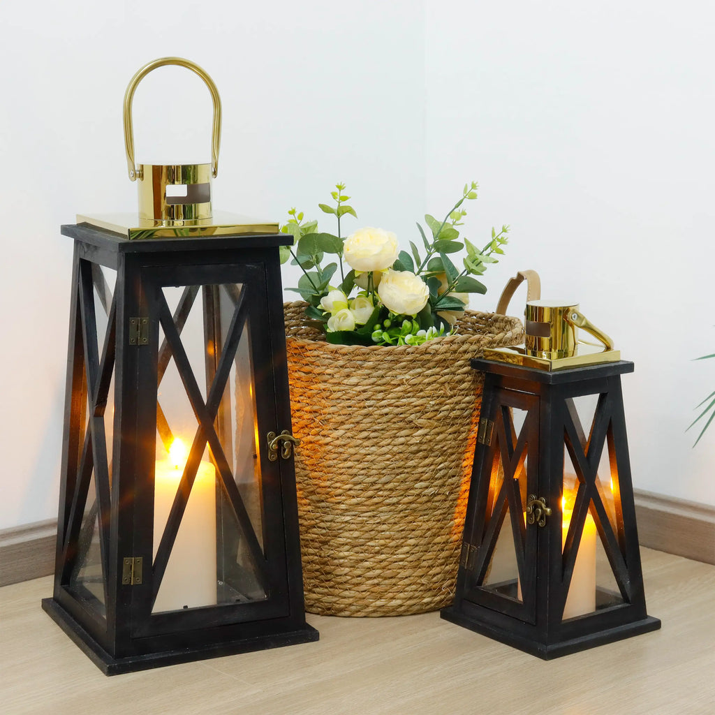 Set of 2-12''&18''H Farmhouse Wooden Lantern(Black Trapezoid)-2