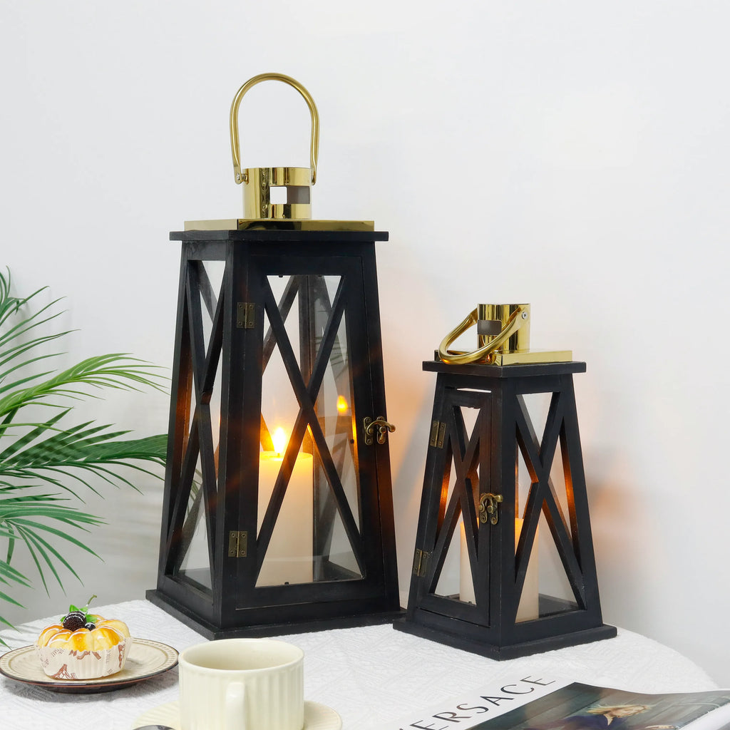 Set of 2-12''&18''H Farmhouse Wooden Lantern(Black Trapezoid)-3