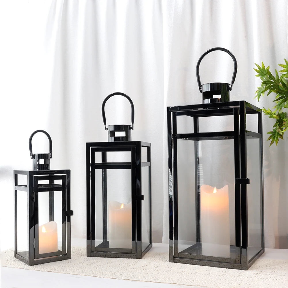  Set of 3 Stainless Steel Lantern (12/15/19'') -Black-4